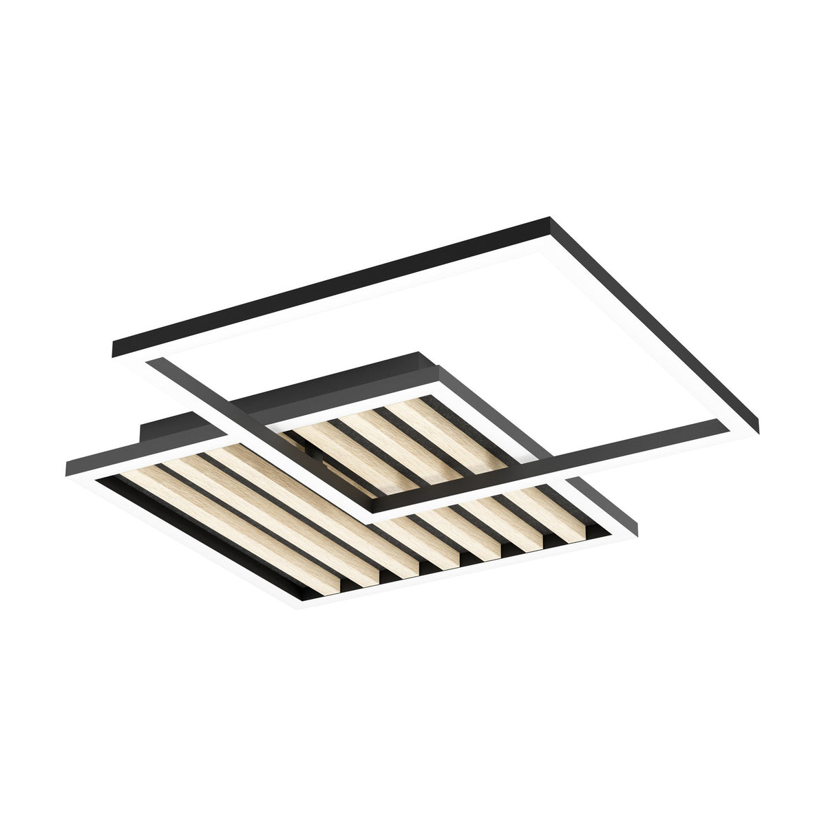 Cembrano LED flush ceiling light with two offset square black frames, one open and one lined with natural wooden slats over black felt, shown on a plain white background.