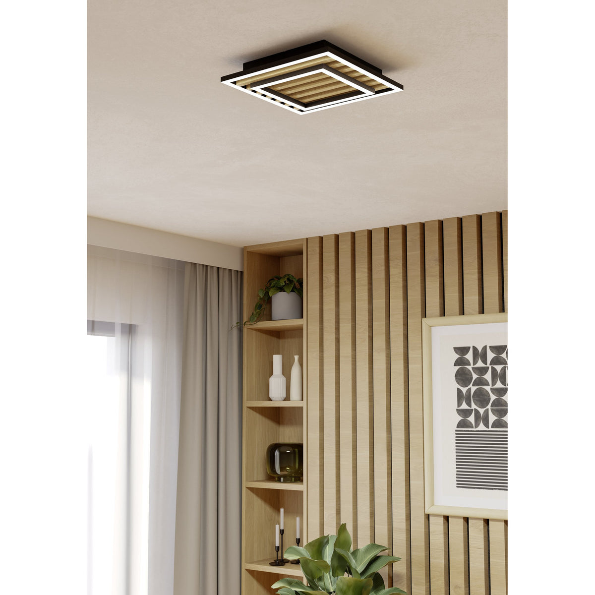 Cembrano LED flush ceiling light in black and natural, square stepped frame with wood slats, mounted on a textured ceiling in a living room with wood-slat wall and shelving.