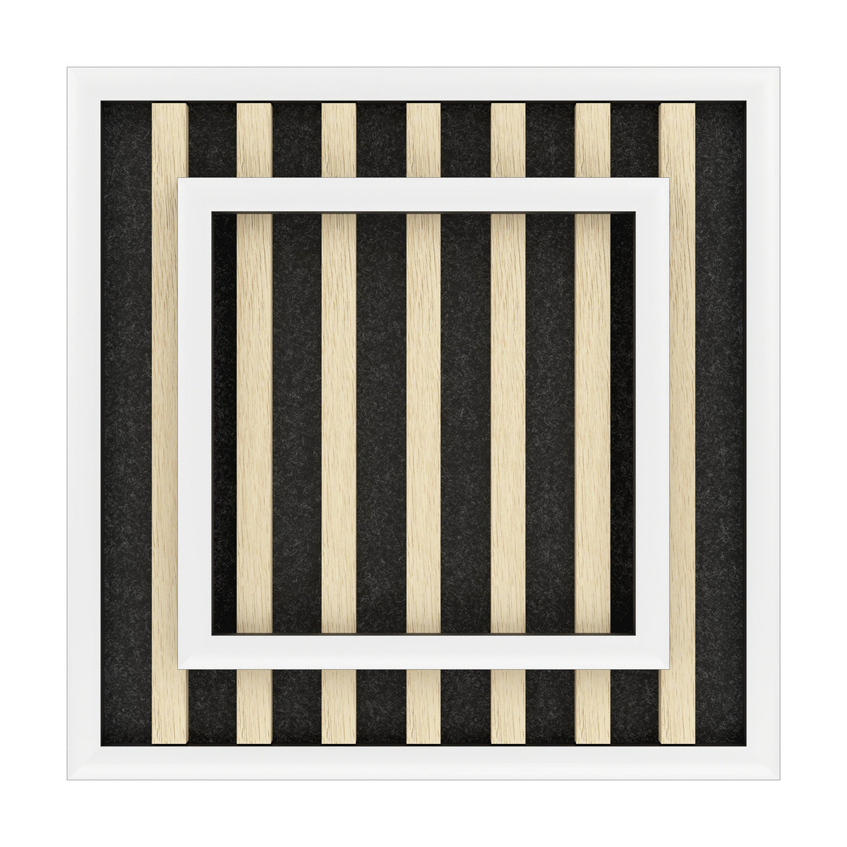 Cembrano LED flush ceiling light with square white frames nesting over natural wood slats on a black backing, shown on a plain white background.