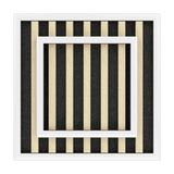 Cembrano LED flush ceiling light with square white frames nesting over natural wood slats on a black backing, shown on a plain white background.