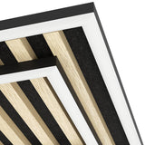 Close-up of the Cembrano square LED flush ceiling light showing stepped black frames with white diffusers over natural wood slats on a black felt backing.