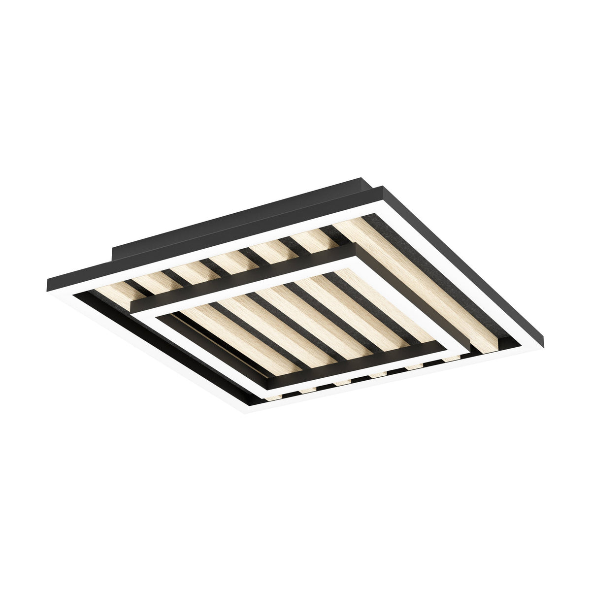 Square LED flush ceiling light, Cembrano, with stepped black frame, white diffuser edges and natural wood slats over a black backing, shown on a plain white background.
