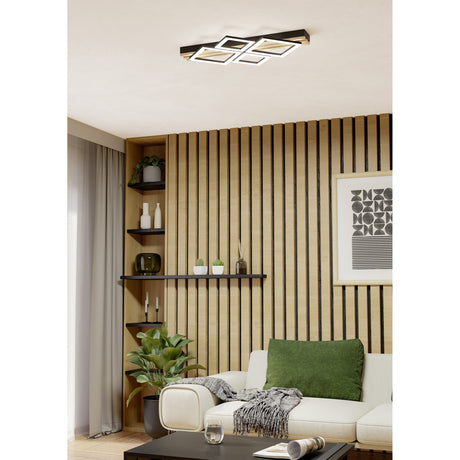 Cembrano LED flush ceiling light, 72cm, black steel and wood bar with four diamond-set square frames and white diffusers, shown lit above a wood-slat wall.