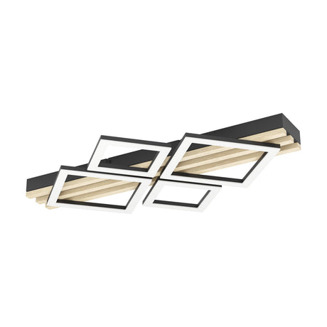 Cembrano LED flush ceiling light, 72cm, with a black steel bar holding natural wood slats and four diamond-angled square frames with white diffusers, shown on a plain white background.