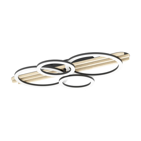 Cembrano LED flush ceiling light with four overlapping black-rimmed rings over a slatted bar of natural wood and black felt, shown on a plain white background.