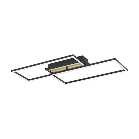 Cembrano LED flush ceiling light with two offset black rectangular frames, white diffuser edging, and a natural wood-grain centre base, shown on a plain white background.