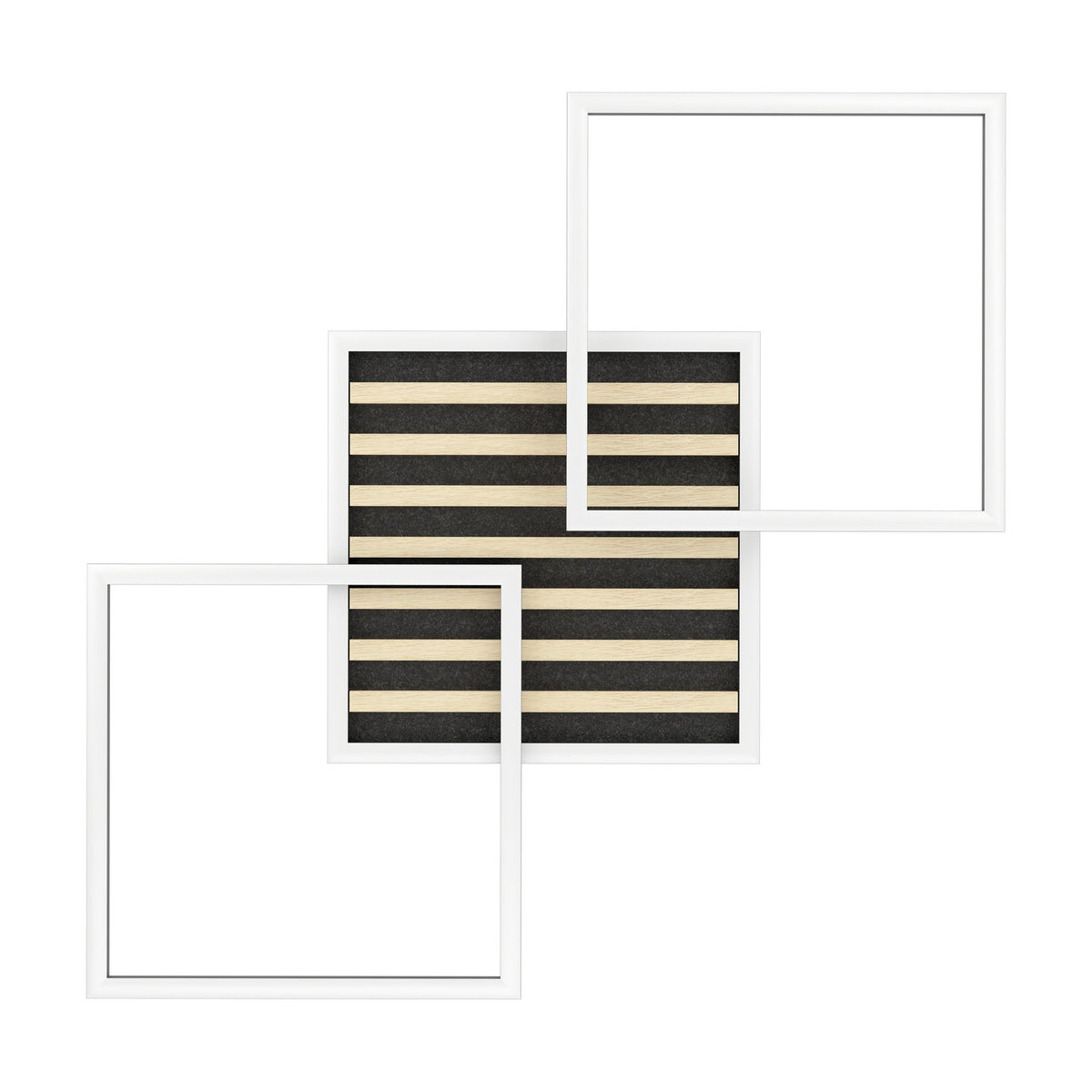 Cembrano LED Flush Ceiling Light 92.5cm in white, formed from three overlapping square frames with a central black and natural wood-slat panel, shown on a plain white background.
