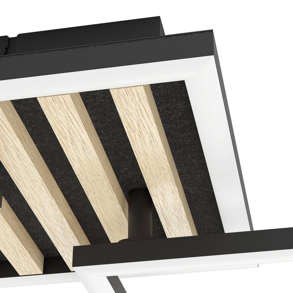 Cembrano LED flush ceiling light, close-up of overlapping black frames and natural wood slats on a black backing with a white plastic shade edge, 92.5cm, shown against a plain white background.