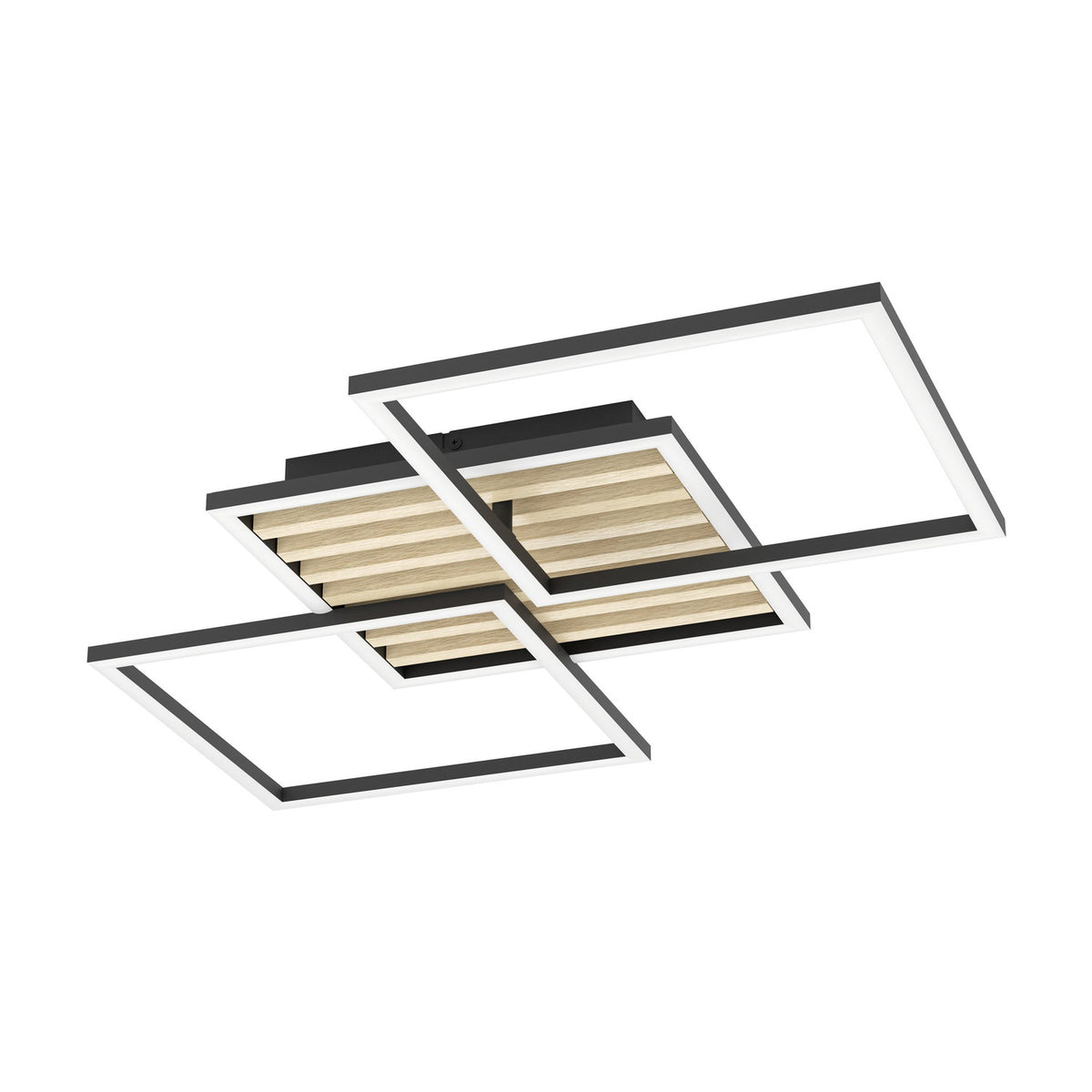 Cembrano LED flush ceiling light, 92.5cm, with two overlapping black square frames and a central natural wood-slat panel, shown on a plain white background.
