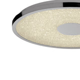 Mantra Centara 380mm flush ceiling light shown close-up with polished chrome circular frame and crystalline textured diffuser around a central chrome disc.