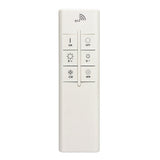 White RF remote control for Mantra Centara CCT LED flush ceiling light, with on/off, brightness and cool/warm white tuning buttons, on a white background.