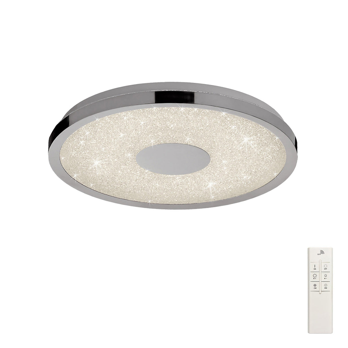 Mantra Centara 380mm flush LED ceiling light with polished chrome frame, crystalline acrylic diffuser and white CCT remote control, on a white background.