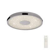 Mantra Centara 380mm flush LED ceiling light with polished chrome frame, crystalline acrylic diffuser and white CCT remote control, on a white background.