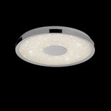 Mantra Centara 380mm round flush ceiling light with polished chrome frame and crystalline textured acrylic diffuser, shown on a black background.