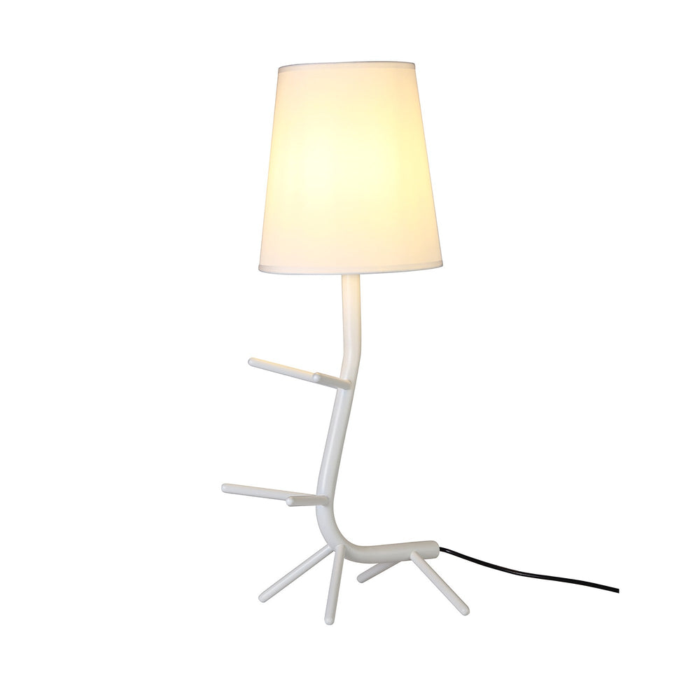 Centipede 1 light table lamp in white with a tapered fabric shade and sculptural multi-leg base, shown on a plain white background.