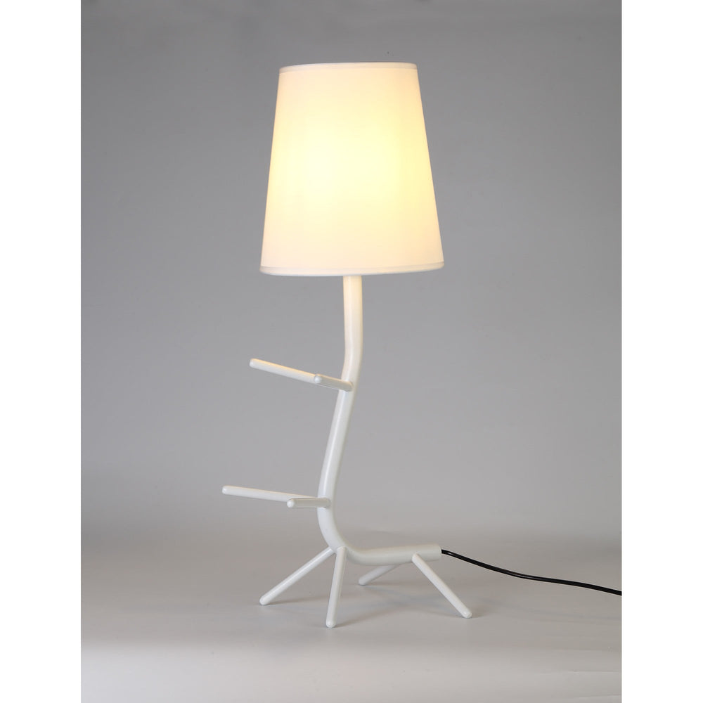 Centipede 1 Light table lamp in white with a conical fabric shade and sculptural multi-leg base, shown illuminated against a grey background.