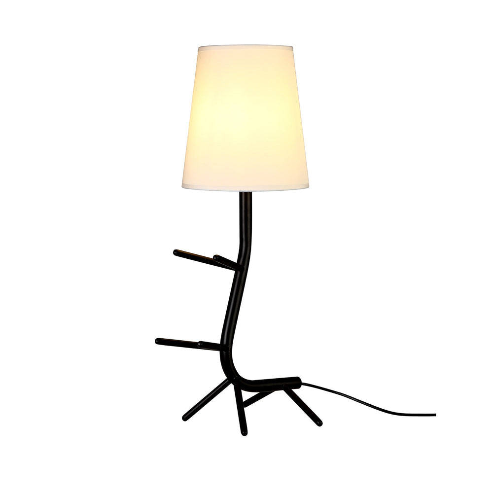 Centipede table lamp with sculptural matt black metal base, branching arms and tripod foot, topped with a white conical fabric shade.