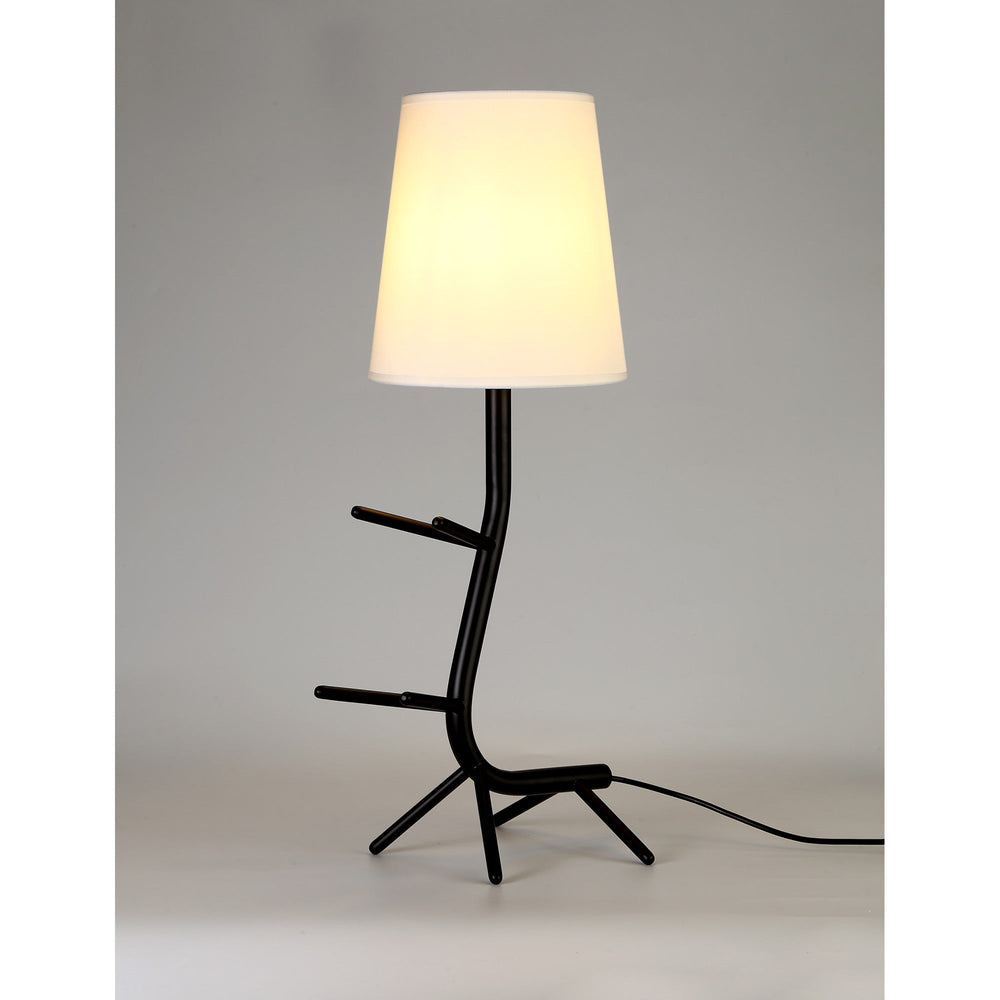 Centipede table lamp with matt black branching metal base on a tripod foot and a white conical fabric shade, shown on a plain background.