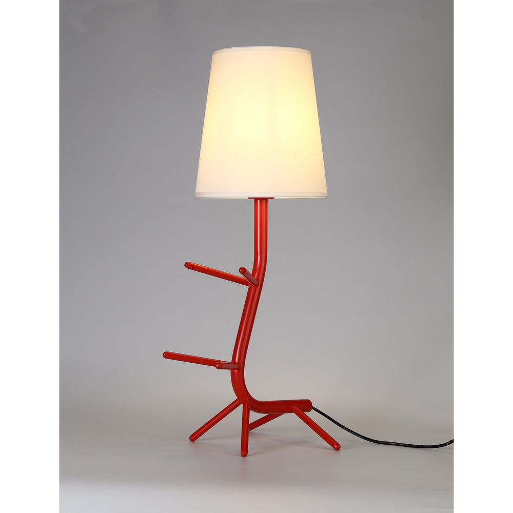 Centipede table lamp with a red metal branch-like frame and radiating arms, topped by a white conical fabric shade, on a plain background.