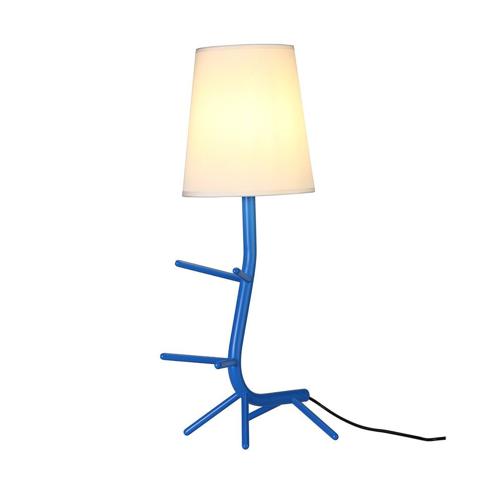 Centipede table lamp with blue powder-coated metal frame, decorative horizontal arms, and white conical fabric shade on a plain background.