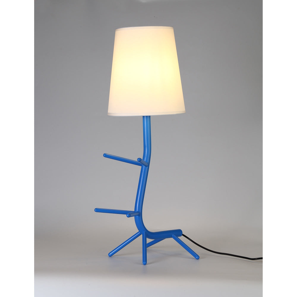 Centipede table lamp with blue powder-coated metal frame, branching arms and white conical fabric shade, on a plain light background.