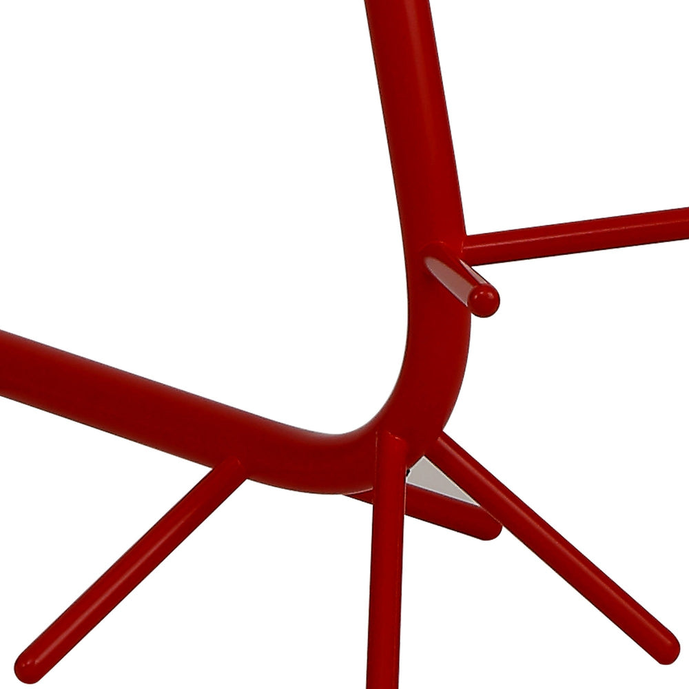 Close-up of the Centipede 1 Light Floor Lamp in red with a white shade, featuring multiple angled metal legs and tubular supports that create a striking geometric pattern against a white background.