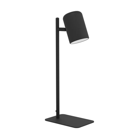 Ceppino Table Lamp in matt black steel with a white-lined cylindrical head on a slim stem and flat rectangular base, shown on a plain white background.