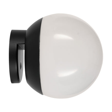 Cerveteri-E LED wall light with a globe-shaped white plastic shade set in a black half-cup, mounted on a round black wall bracket, shown against a plain white background.
