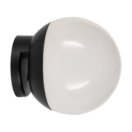 Cerveteri-E LED wall light with a round white plastic globe shade in a black half-cup, mounted on a black wall bracket, shown on a plain white background.