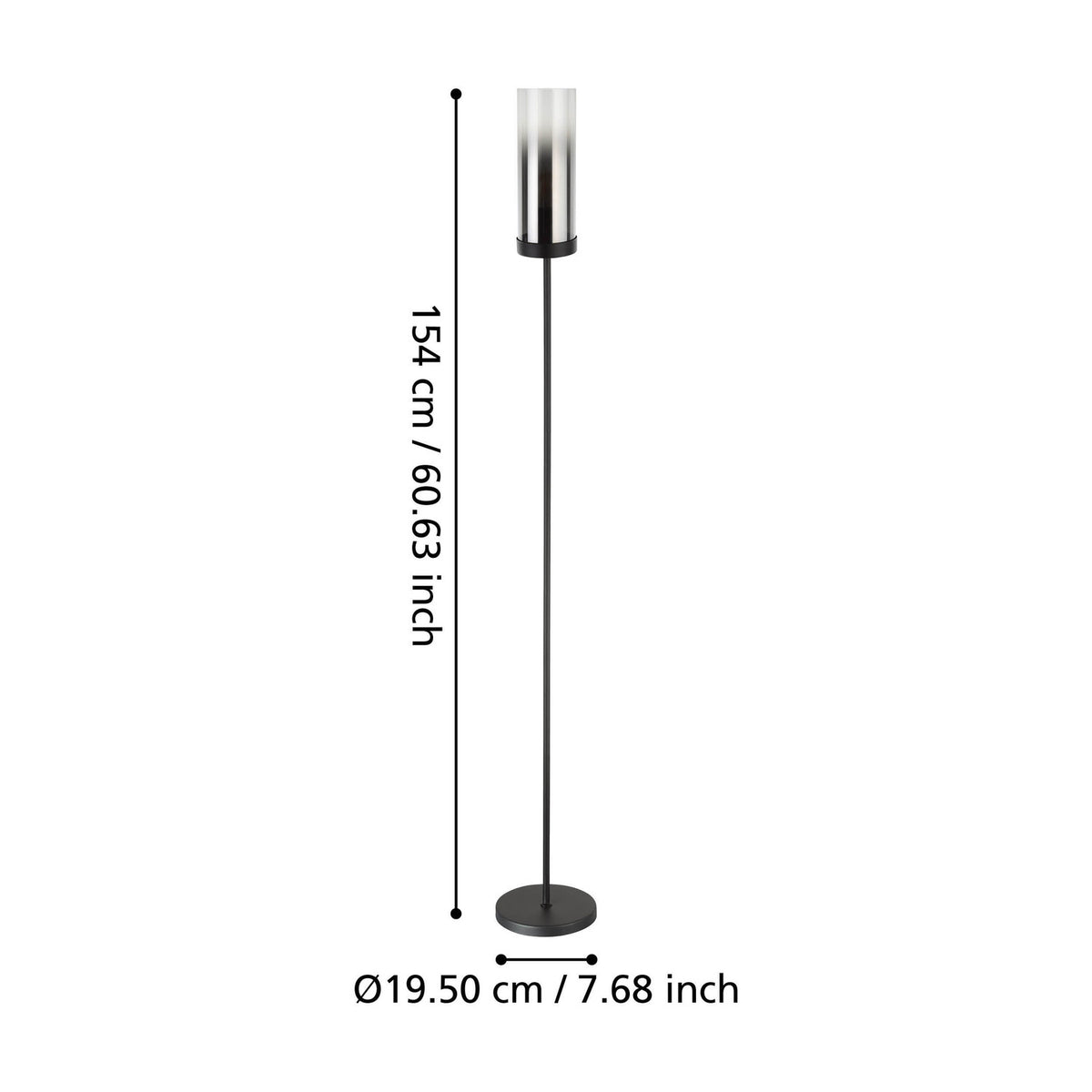Cesarne Floor Lamp in black with a slim steel column and smoked glass cylinder shade, round base, shown with height and diameter measurements on a white background.