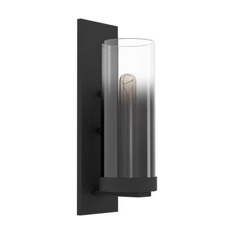 Cesarne Wall Light in Black, a steel wall fixture with a rectangular backplate and cylindrical smoked glass shade fading from clear to dark, shown on a plain white background.