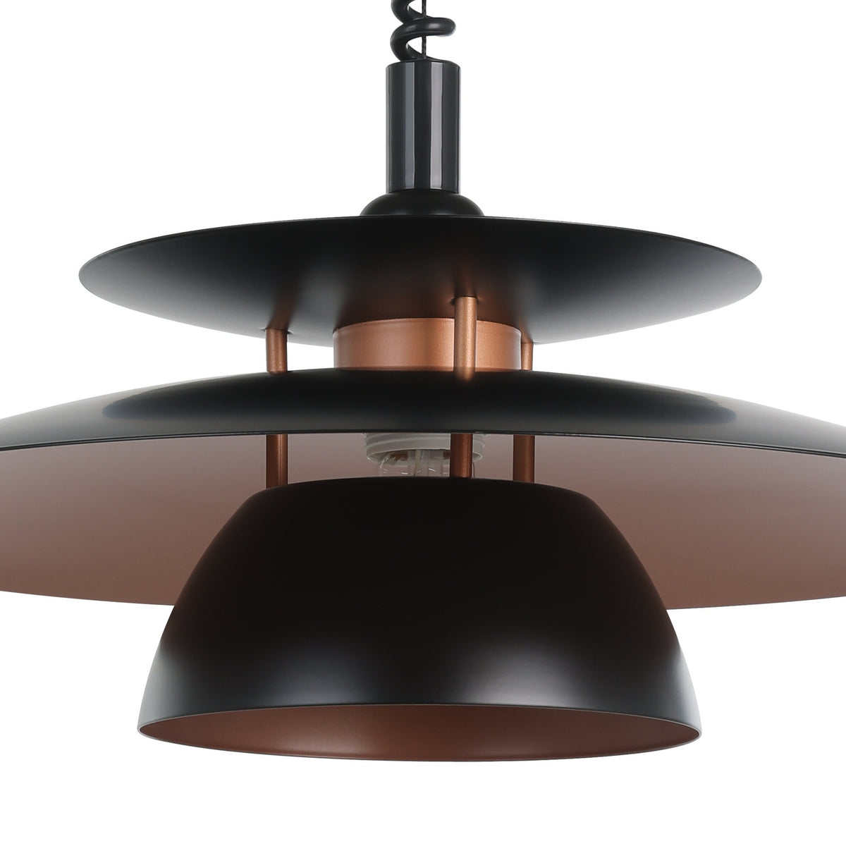 Cesmine Pendant Light in black steel with two flat tiered shades and a deeper dome below, copper-toned undersides visible, E27 bulb holder shown, plain white background.
