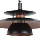 Cesmine Pendant Light in black steel with two flat tiered shades and a deeper dome below, copper-toned undersides visible, E27 bulb holder shown, plain white background.