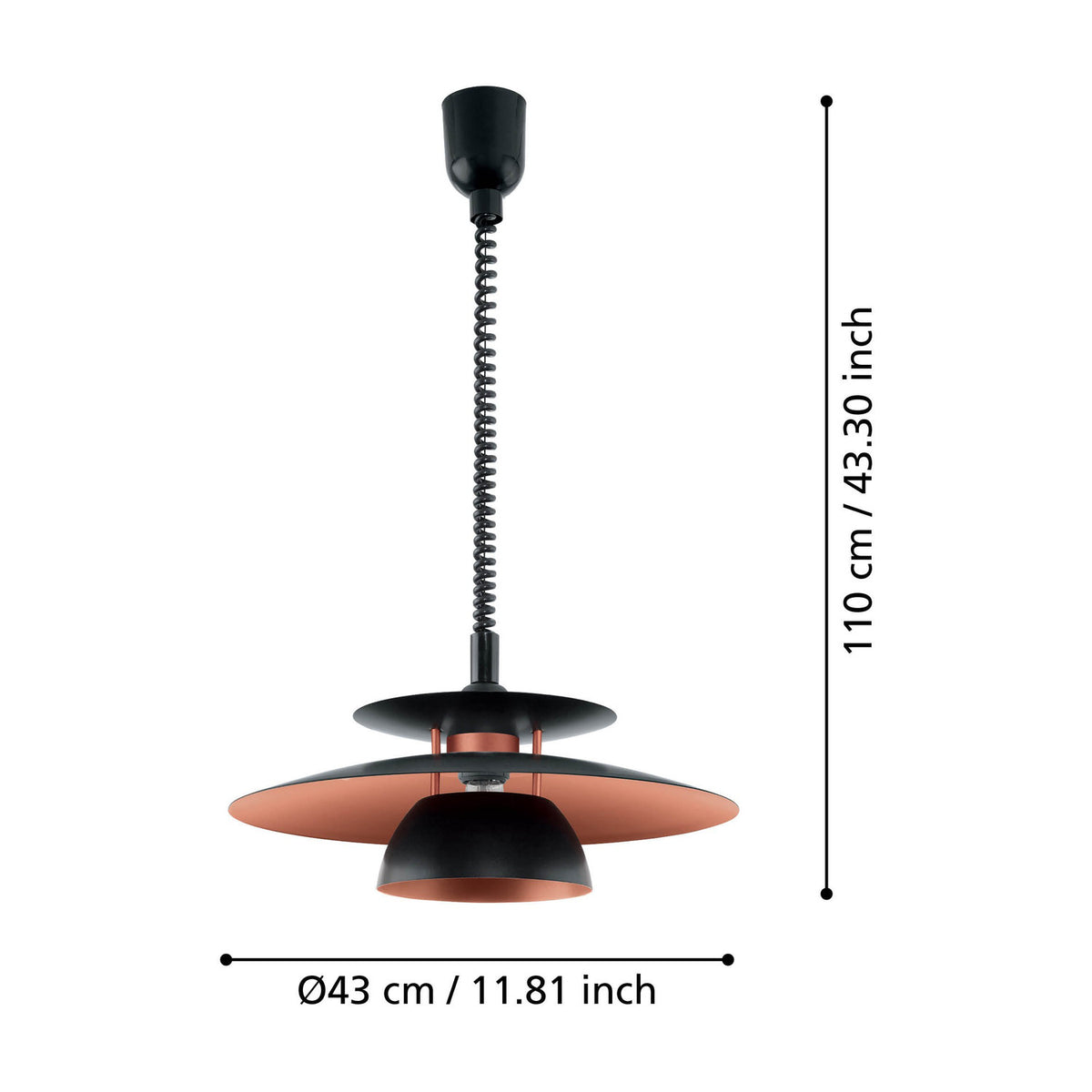 Cesmine Pendant Light in black with tiered steel shades and copper-coloured undersides, rise-and-fall cord, shown with dimensions 110cm height and Ø43cm on a white background.