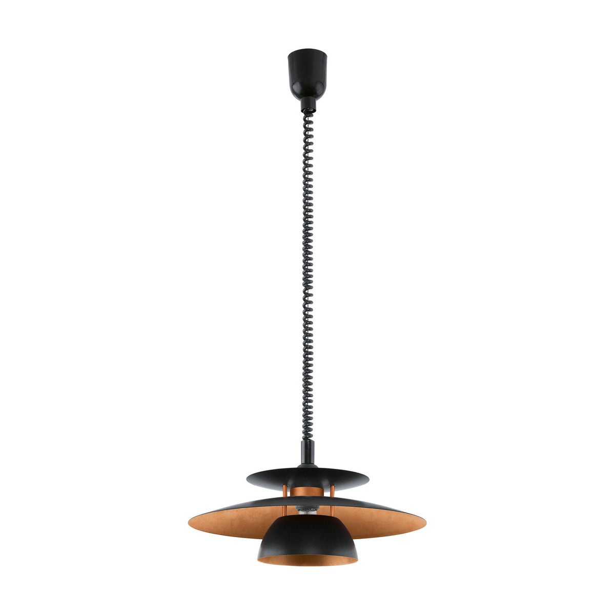 Cesmine Pendant Light in black, three stacked steel shades with copper-coloured undersides on an adjustable rise-and-fall cord, shown on a plain white background.