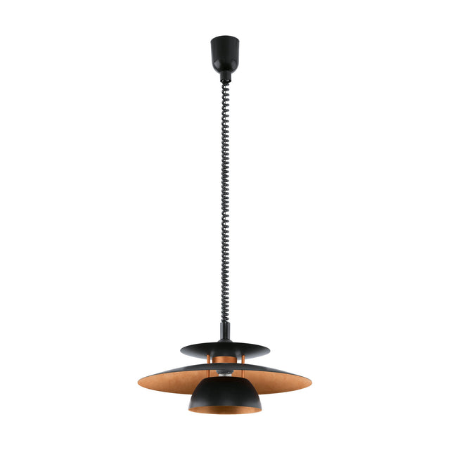 Cesmine Pendant Light in black, three stacked steel shades with copper-coloured undersides on an adjustable rise-and-fall cord, shown on a plain white background.