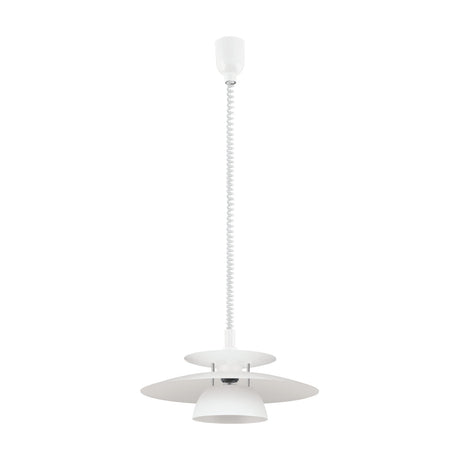 Cesmine Pendant Light in white and chrome, with layered steel discs and a deep bowl shade on an adjustable cord, shown on a plain white background.