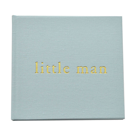 Square photo album in pale duck-egg blue woven linen, with "little man" embossed in gold lettering on the front cover, shown on a plain white background.