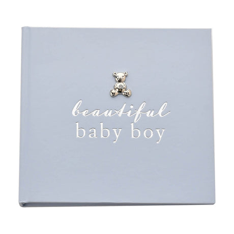 Pale blue square photo album with "beautiful baby boy" in silver foil lettering and a small silver-toned teddy bear emblem on the cover, shown on a white background.
