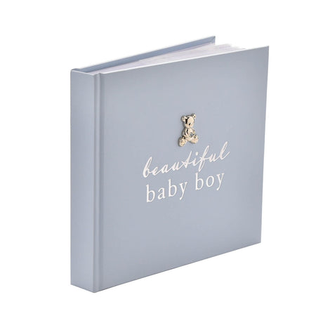 Pale blue square photo album with "beautiful baby boy" in silver foil lettering and a small silver teddy with sparkle detail on the cover, shown against a white background.