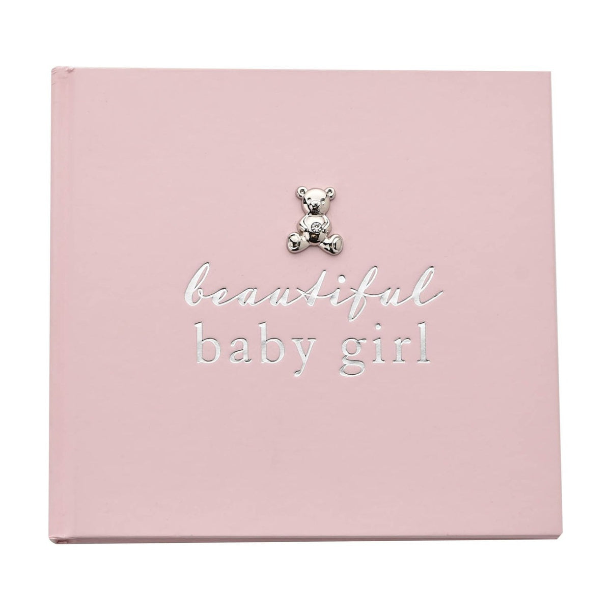 Pink photo album for 6 x 4in prints, with "beautiful baby girl" in silver foil lettering and a small silver teddy with a sparkle detail on the plain cover.