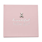 Pink photo album for 6 x 4in prints, with "beautiful baby girl" in silver foil lettering and a small silver teddy with a sparkle detail on the plain cover.