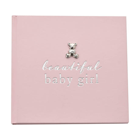 Pink photo album for 6 x 4in prints, with "beautiful baby girl" in silver foil lettering and a small silver teddy with a sparkle detail on the plain cover.