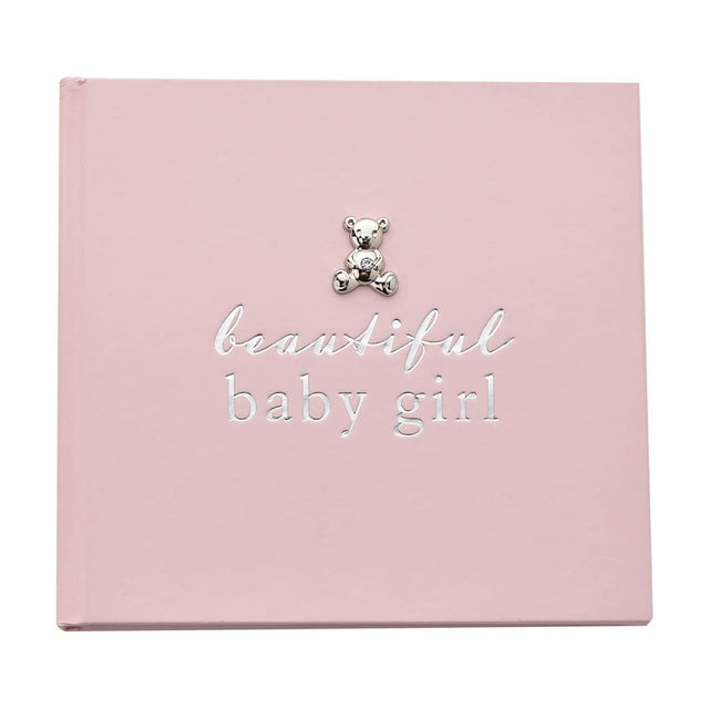 Pink photo album for 6 x 4in prints, with "beautiful baby girl" in silver foil lettering and a small silver teddy with a sparkle detail on the plain cover.