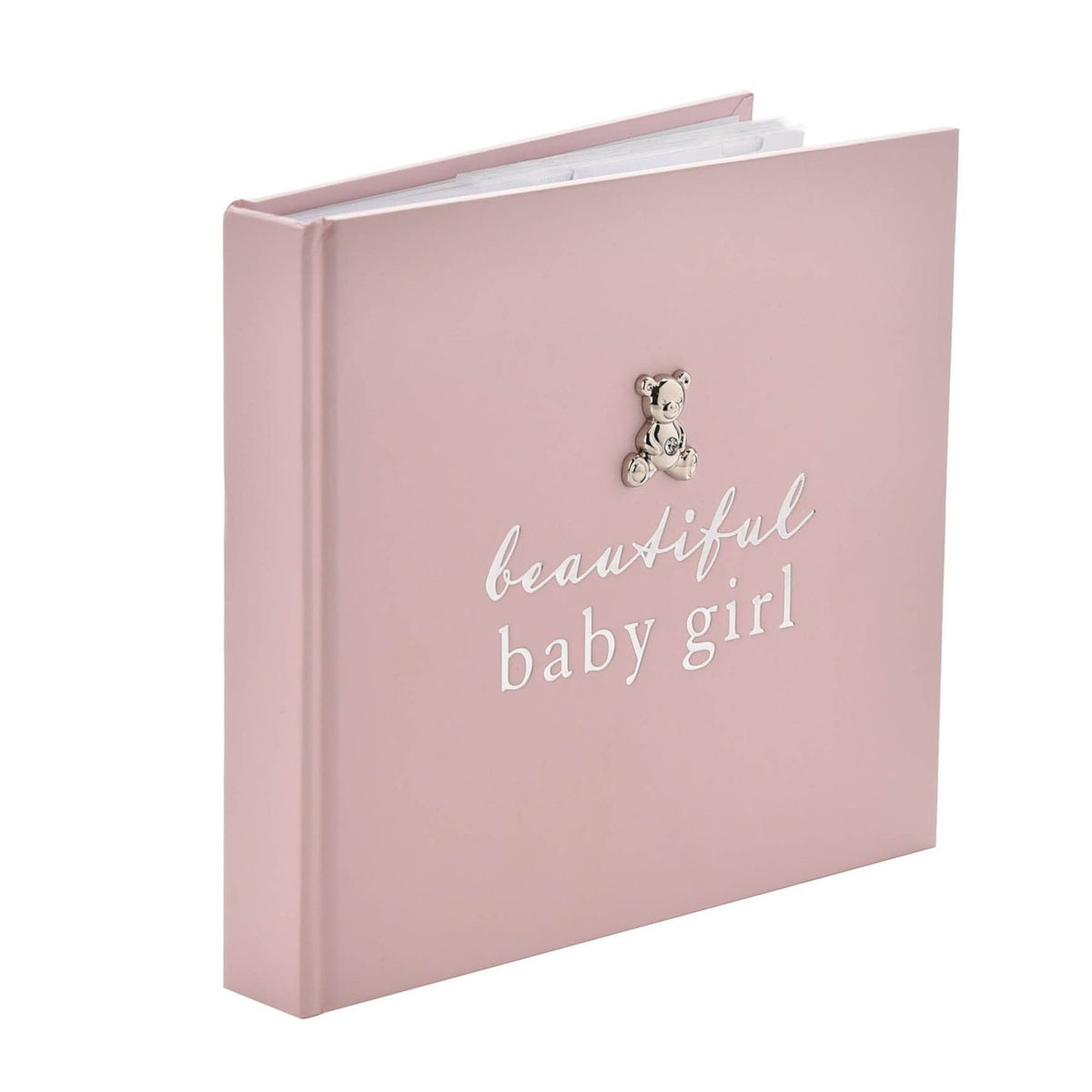 Pink 6 x 4in photo album with "beautiful baby girl" in silver foil text and a small silver teddy bear with a sparkle detail on the front cover, shown on a white background.
