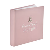 Pink 6 x 4in photo album with "beautiful baby girl" in silver foil text and a small silver teddy bear with a sparkle detail on the front cover, shown on a white background.