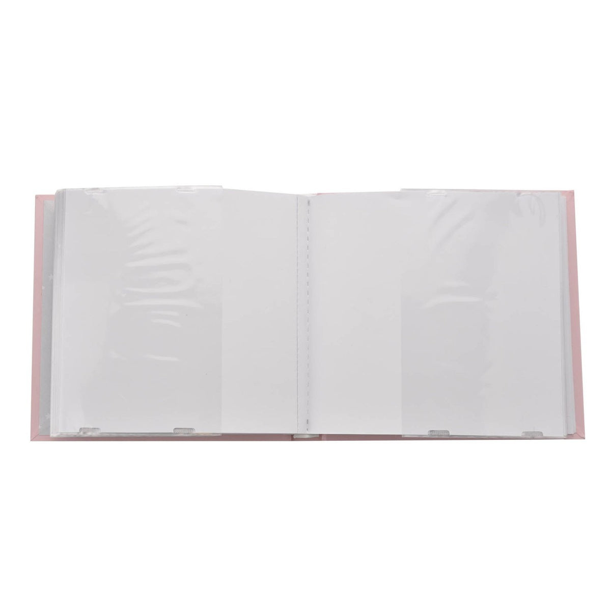Pink photo album open to show clear slip-in plastic pockets for 6 x 4in portrait prints, with blank white pages on a plain background.