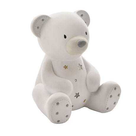 Sitting Teddy Bear Resin Money Box in matt white, with grey-accented ears, nose and paw pads, stitched detailing, and scattered star motifs, shown on a plain white background.