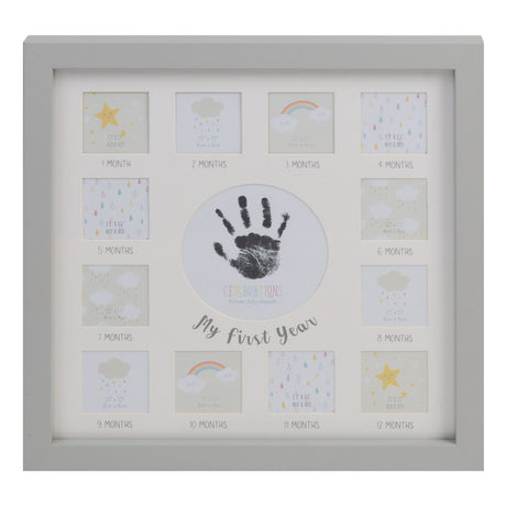 Grey MDF multi-aperture photo frame with "My First Year" cream mount, central handprint circle, and twelve labelled month openings from 1 to 12 months.