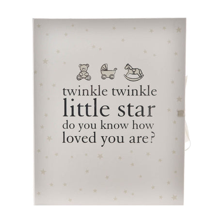 Ivory keepsake box with ribbon tie, front printed with pale stars, teddy bear, pram and rocking horse icons, and "twinkle twinkle little star" text, shown on a white background.